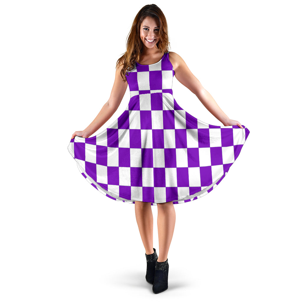Purple Racing Checkered Flag Dress with a fitted top and flowing skirt.