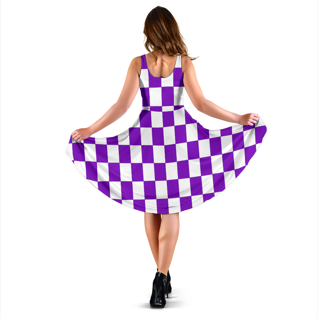 Purple Racing Checkered Flag Dress with a fitted top and flowing skirt.