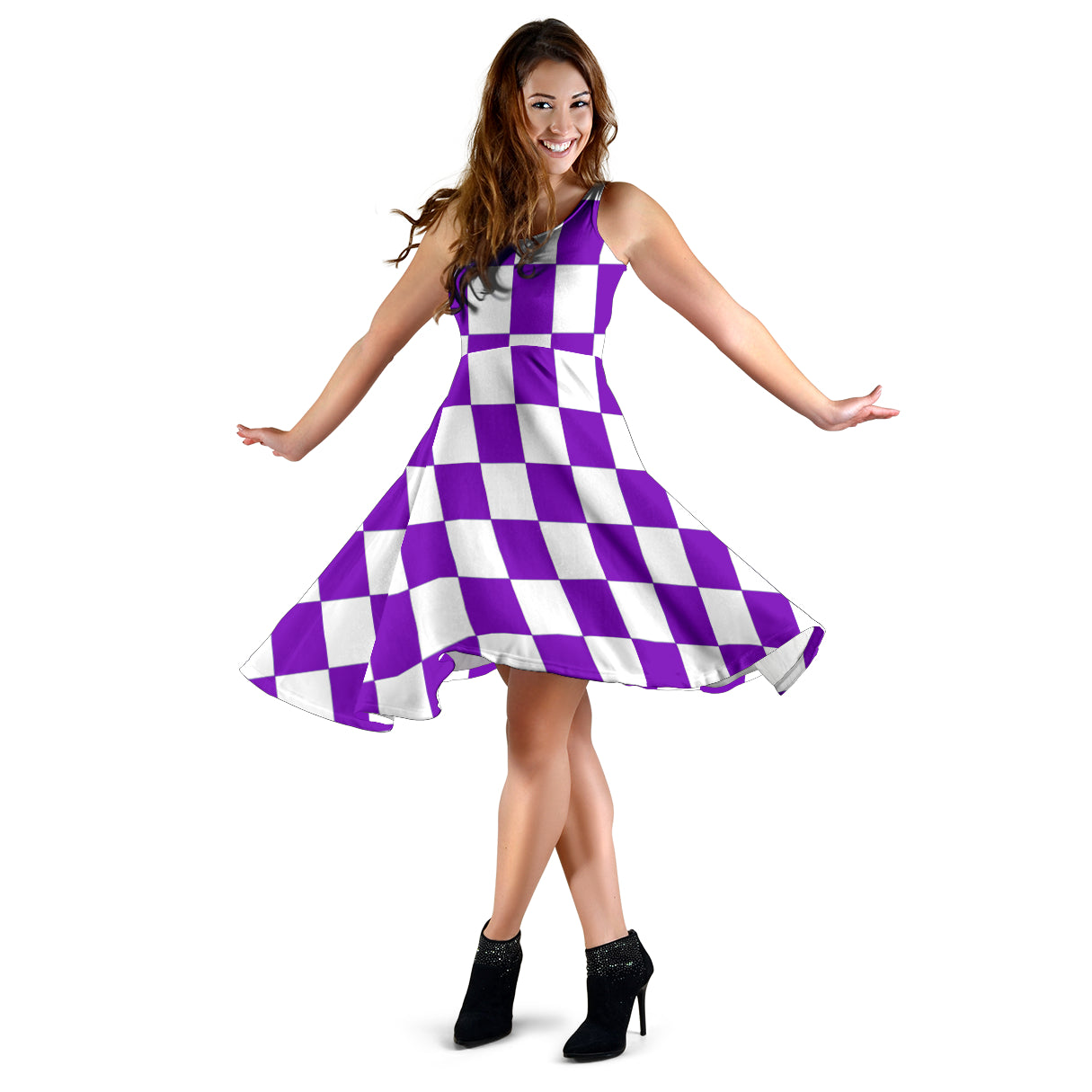 Purple Racing Checkered Flag Dress with a fitted top and flowing skirt.