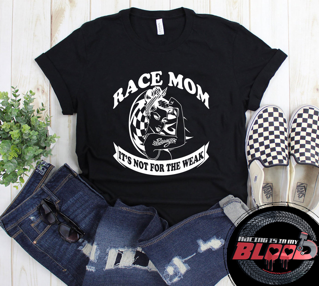 "Race Mom It's Not For The Weak" apparel collection featuring durable women's t-shirts, lightweight racerback tanks, premium v-necks, and cozy fleece hoodies.