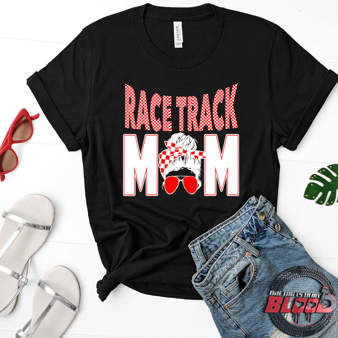 Race Track Mom apparel collection featuring a variety of women's t-shirts, racerback tanks, and hoodies designed for motorsports fans and racing families.