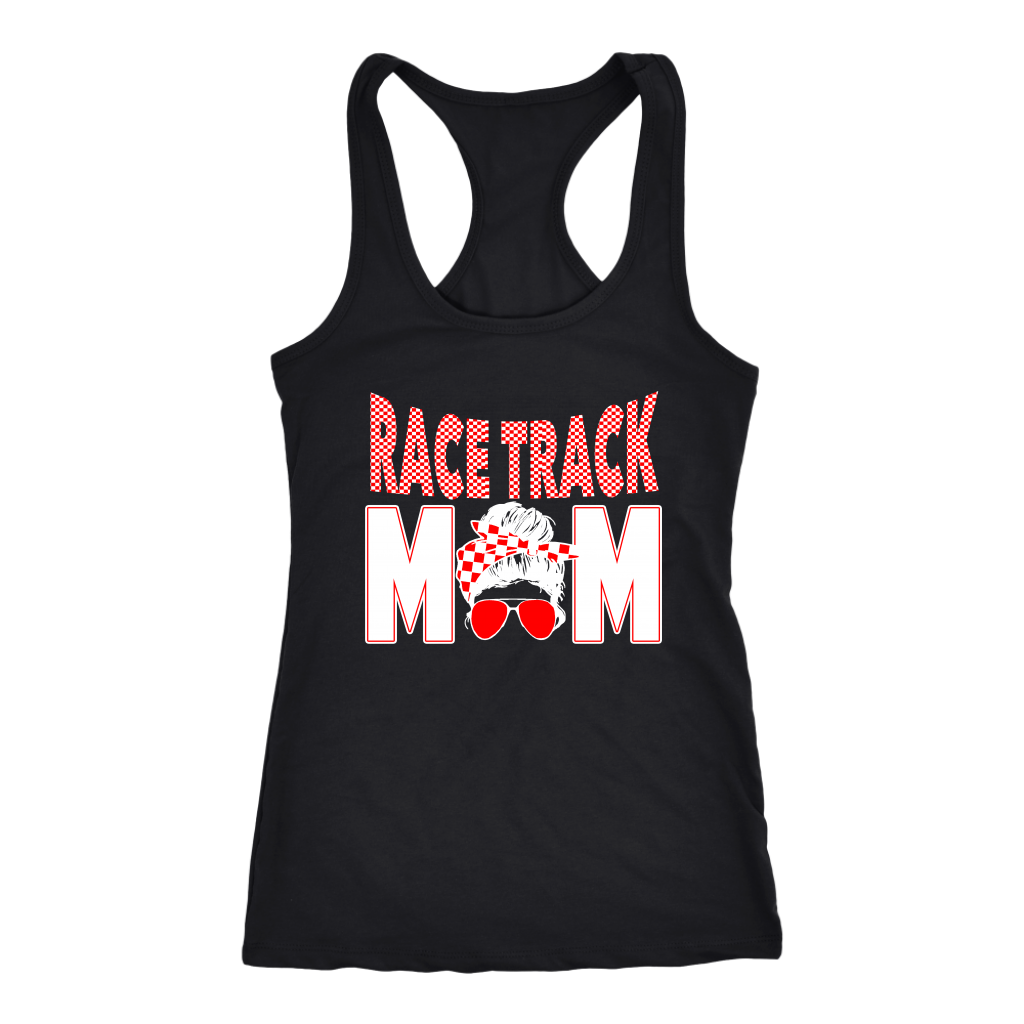 Race Track Mom apparel collection featuring a variety of women's t-shirts, racerback tanks, and hoodies designed for motorsports fans and racing families.