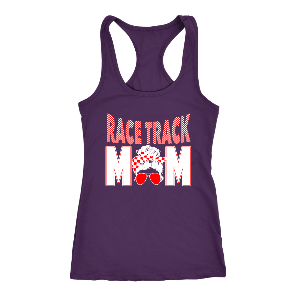 Race Track Mom apparel collection featuring a variety of women's t-shirts, racerback tanks, and hoodies designed for motorsports fans and racing families.