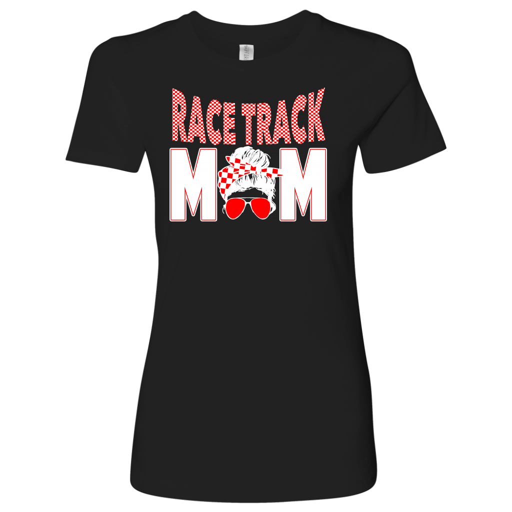 Race Track Mom apparel collection featuring a variety of women's t-shirts, racerback tanks, and hoodies designed for motorsports fans and racing families.