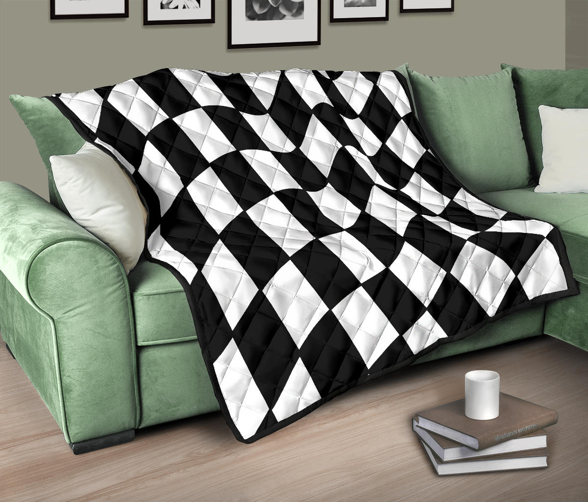 A black and white checkered quilted blanket in a living room