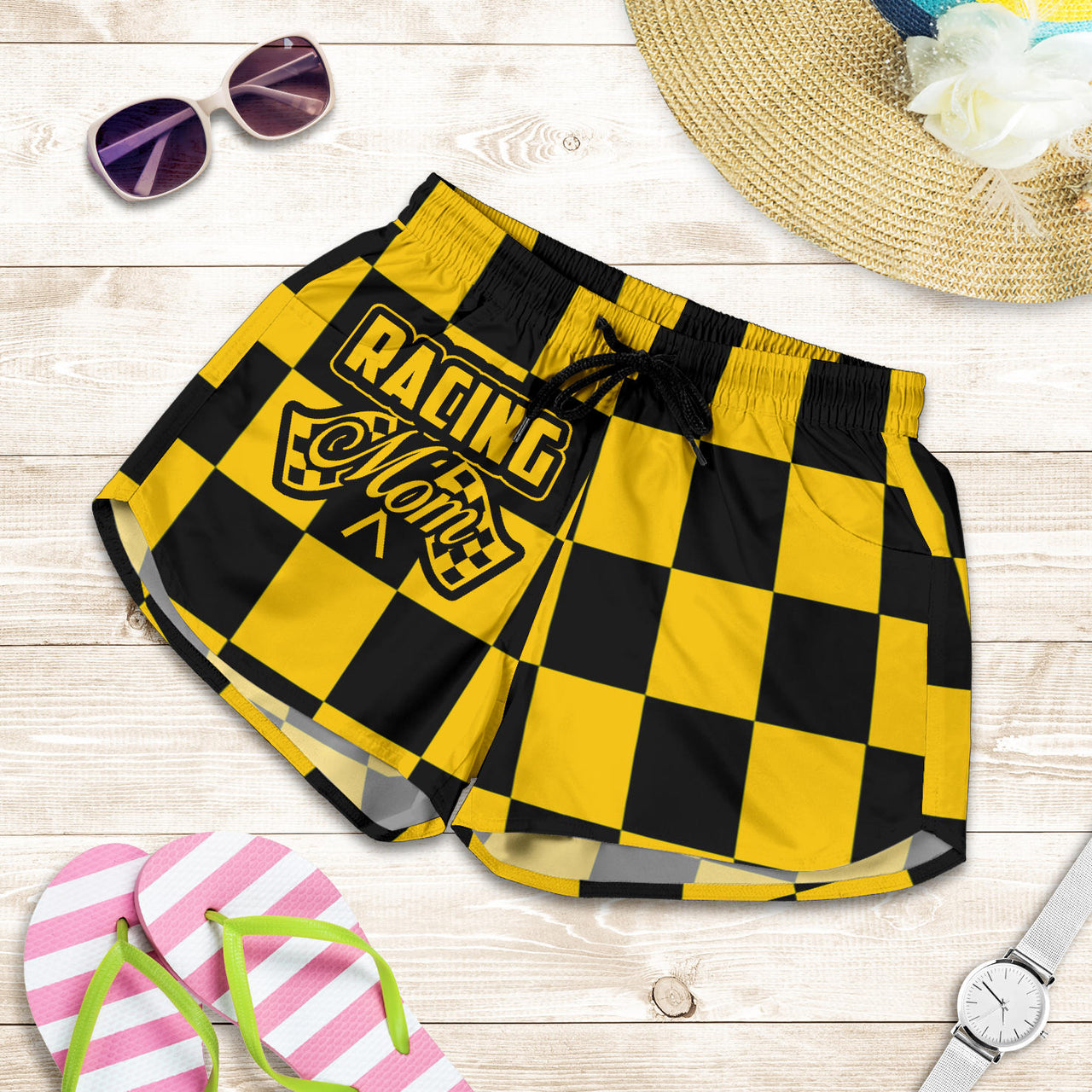 Racing Mom Checkered Shorts featuring a classic black and white racing checkerboard pattern, an elastic waistband, and a comfortable fit.
