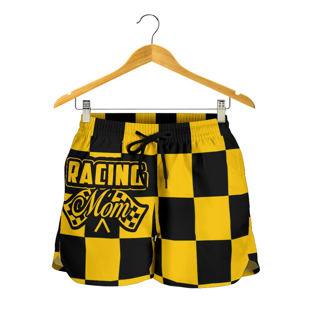 Racing Mom Checkered Shorts featuring a classic black and white racing checkerboard pattern, an elastic waistband, and a comfortable fit.