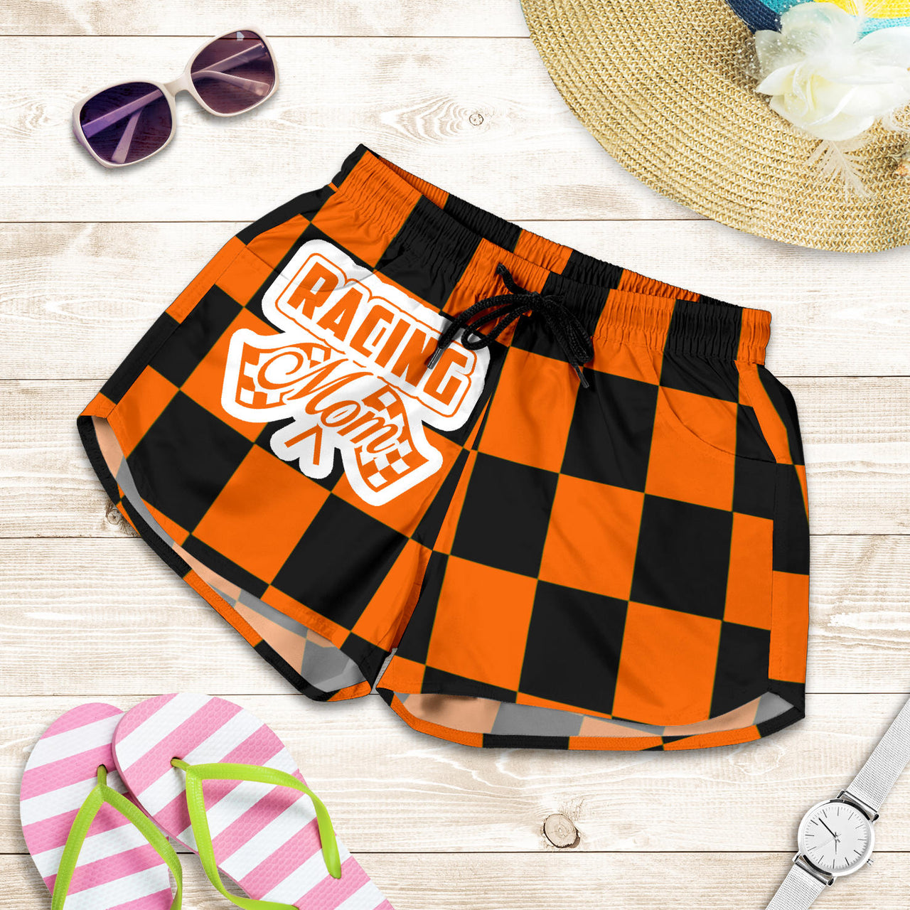 Racing Mom Checkered Shorts featuring a classic black and white racing checkerboard pattern, an elastic waistband, and a comfortable fit.