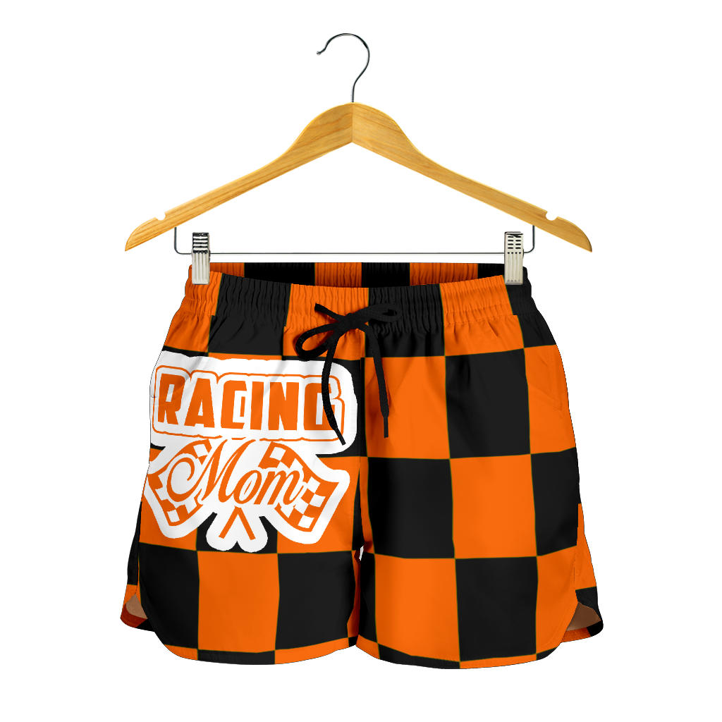 Racing Mom Checkered Shorts featuring a classic black and white racing checkerboard pattern, an elastic waistband, and a comfortable fit.