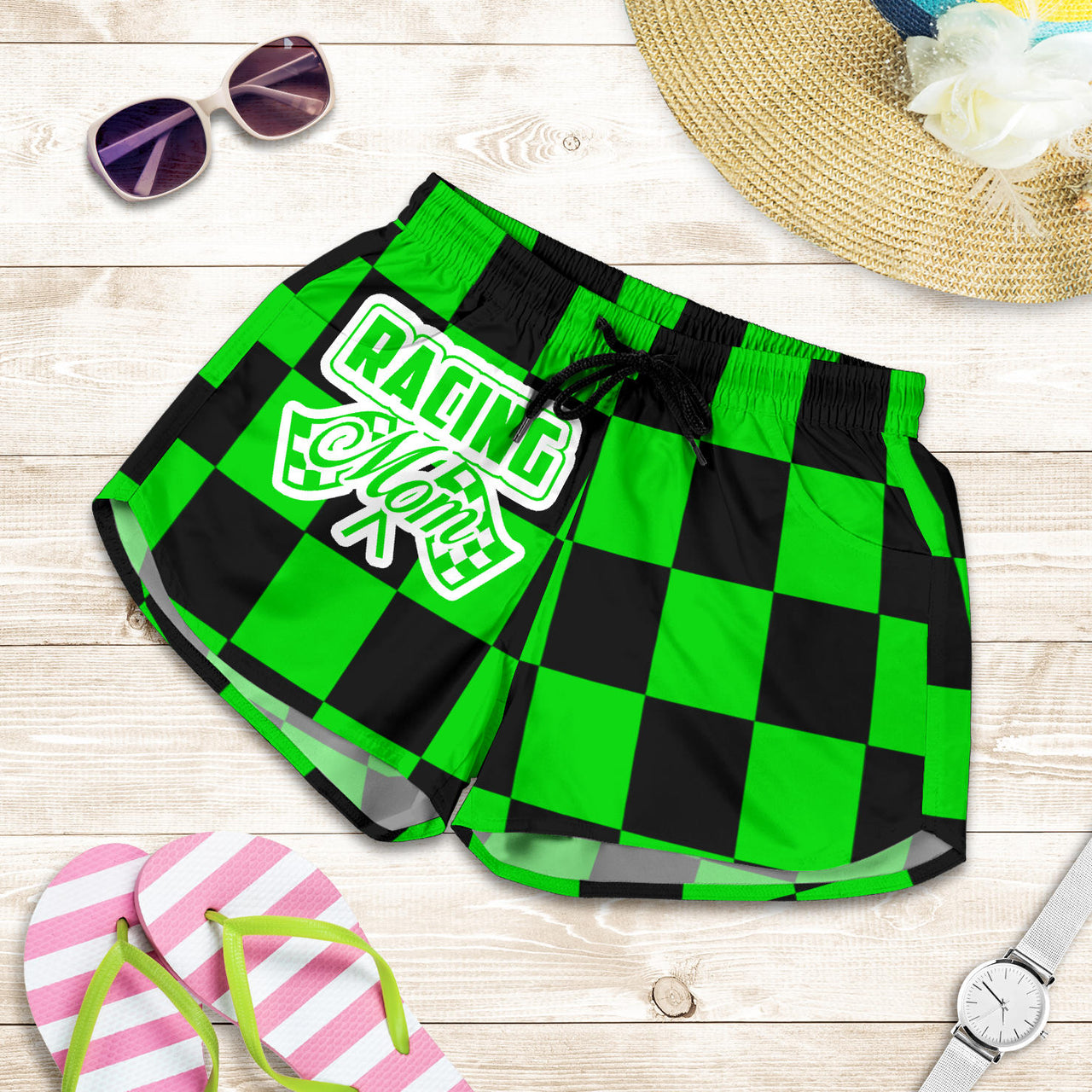 Racing Mom Checkered Shorts featuring a classic black and white racing checkerboard pattern, an elastic waistband, and a comfortable fit.