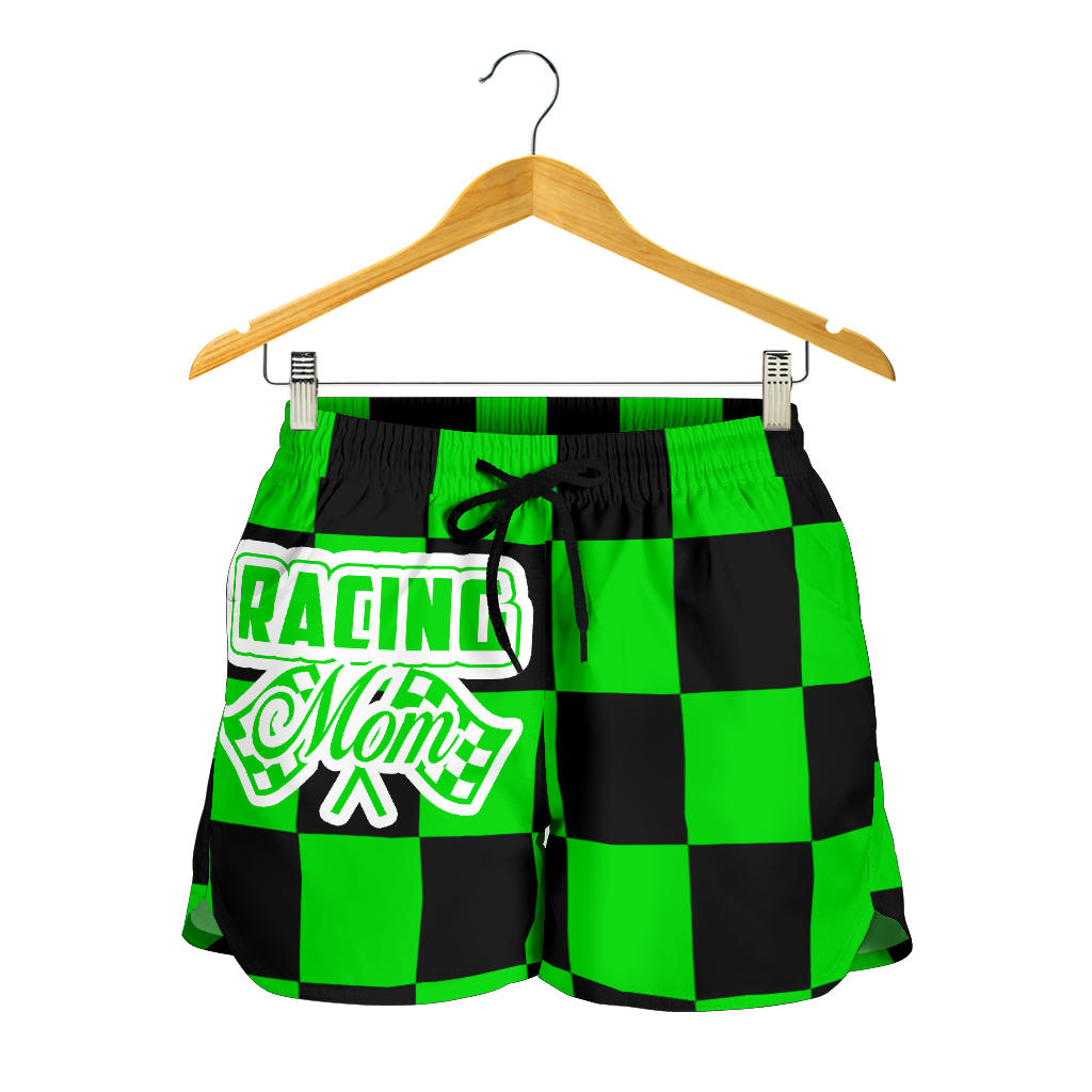 Racing Mom Checkered Shorts featuring a classic black and white racing checkerboard pattern, an elastic waistband, and a comfortable fit.
