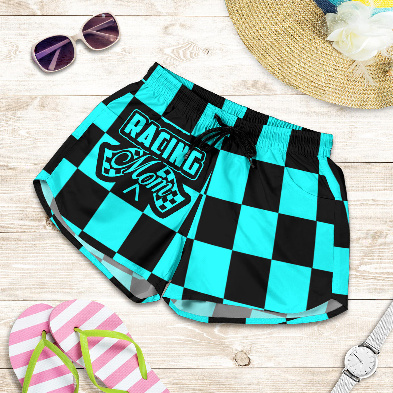 Racing Mom Checkered Shorts featuring a classic black and white racing checkerboard pattern, an elastic waistband, and a comfortable fit.