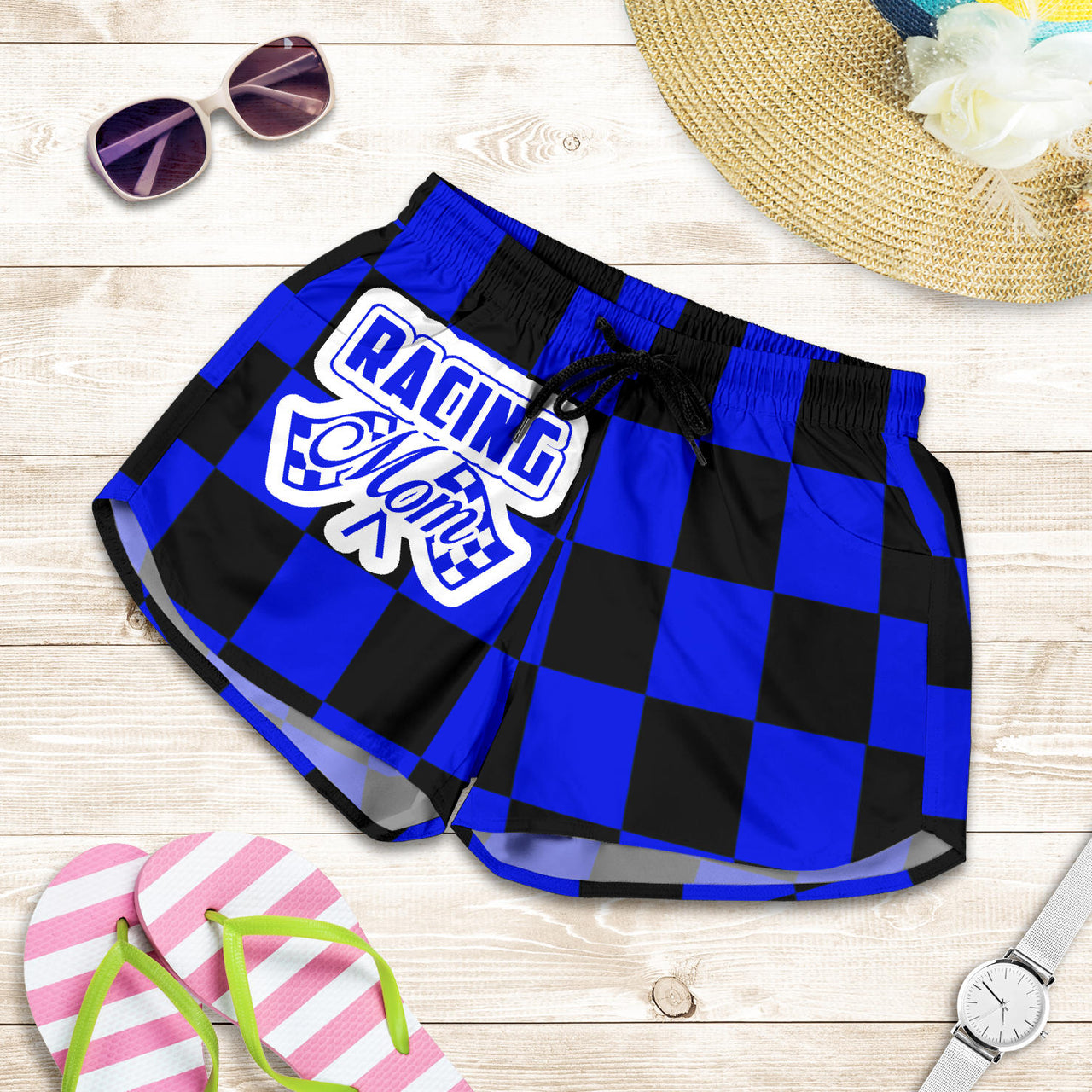 Racing Mom Checkered Shorts featuring a classic black and white racing checkerboard pattern, an elastic waistband, and a comfortable fit.