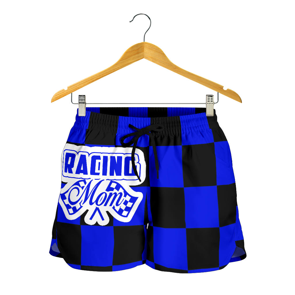 Racing Mom Checkered Shorts featuring a classic black and white racing checkerboard pattern, an elastic waistband, and a comfortable fit.2