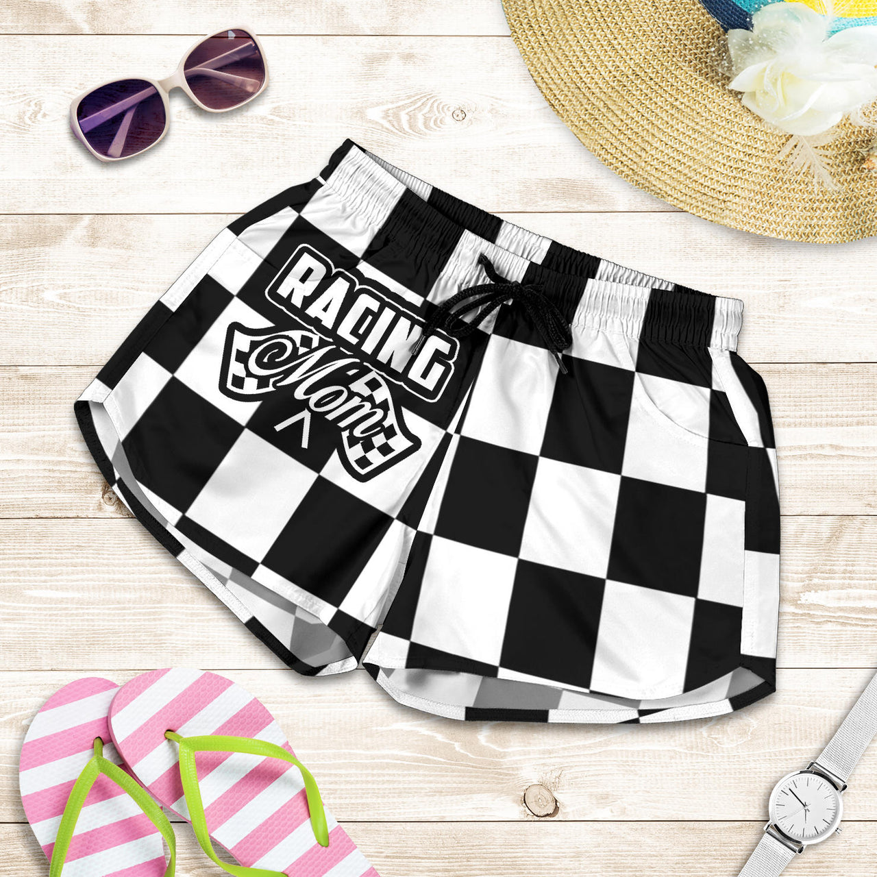 Racing Mom Checkered Shorts featuring a classic black and white racing checkerboard pattern, an elastic waistband, and a comfortable fit.2