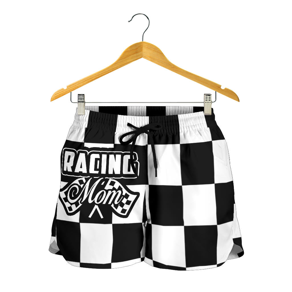 Racing Mom Checkered Shorts featuring a classic black and white racing checkerboard pattern, an elastic waistband, and a comfortable fit.2