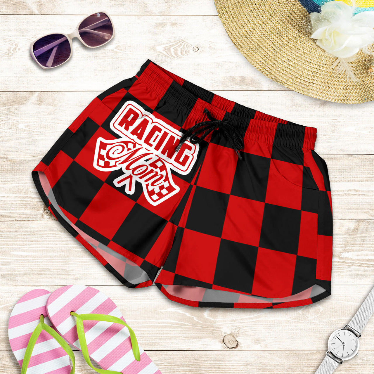 Racing Mom Checkered Shorts featuring a classic black and white racing checkerboard pattern, an elastic waistband, and a comfortable fit.2