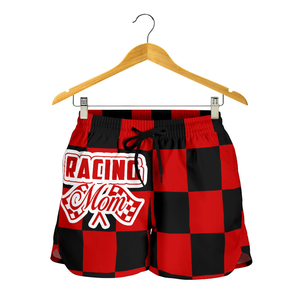 Racing Mom Checkered Shorts featuring a classic black and white racing checkerboard pattern, an elastic waistband, and a comfortable fit.2