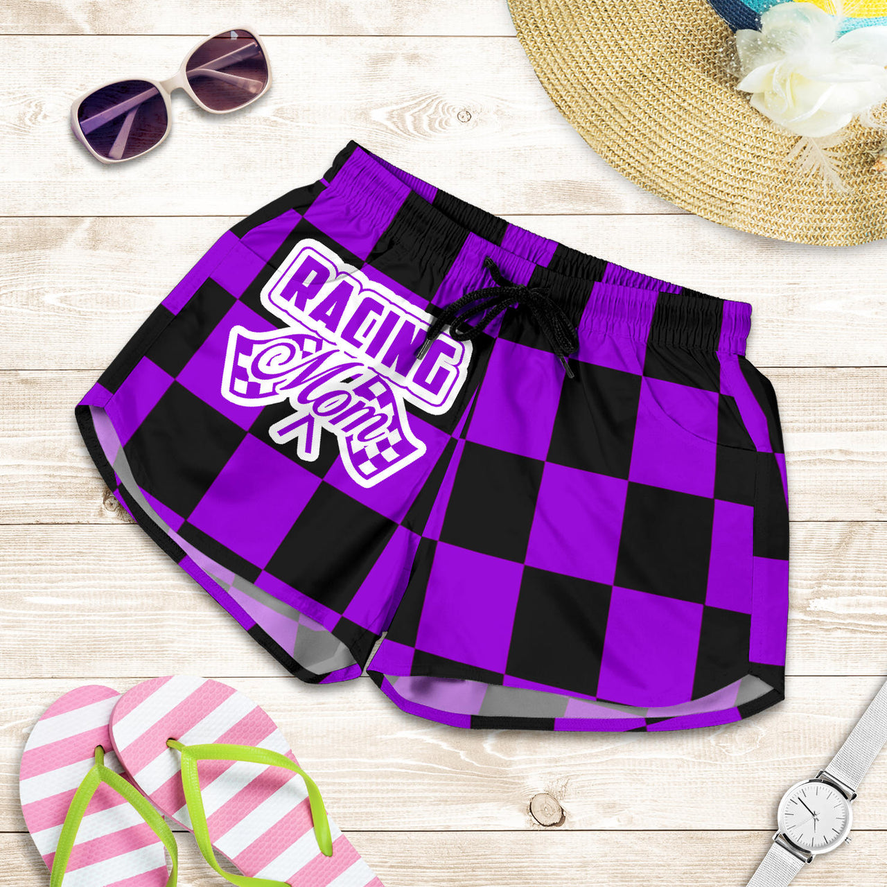Racing Mom Checkered Shorts featuring a classic black and white racing checkerboard pattern, an elastic waistband, and a comfortable fit.