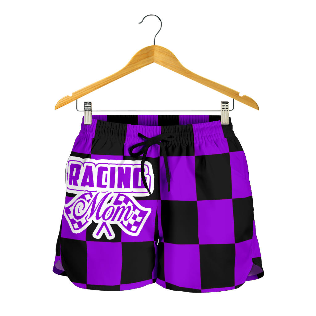 Racing Mom Checkered Shorts featuring a classic black and white racing checkerboard pattern, an elastic waistband, and a comfortable fit.