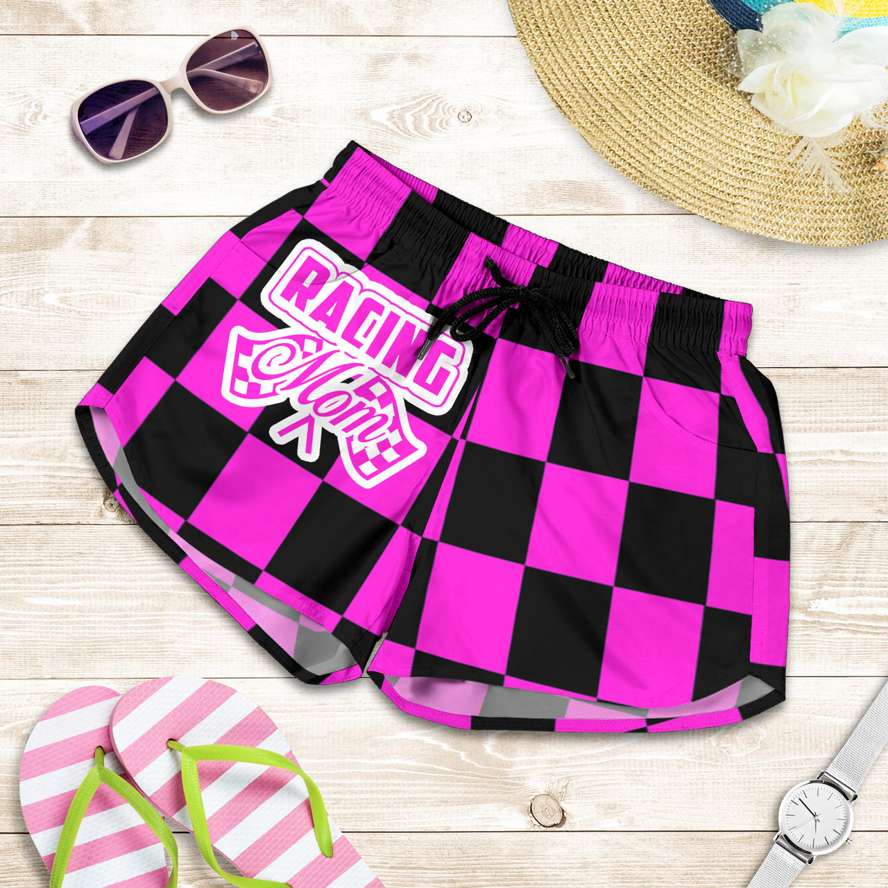 Racing Mom Checkered Shorts featuring a classic black and white racing checkerboard pattern, an elastic waistband, and a comfortable fit.