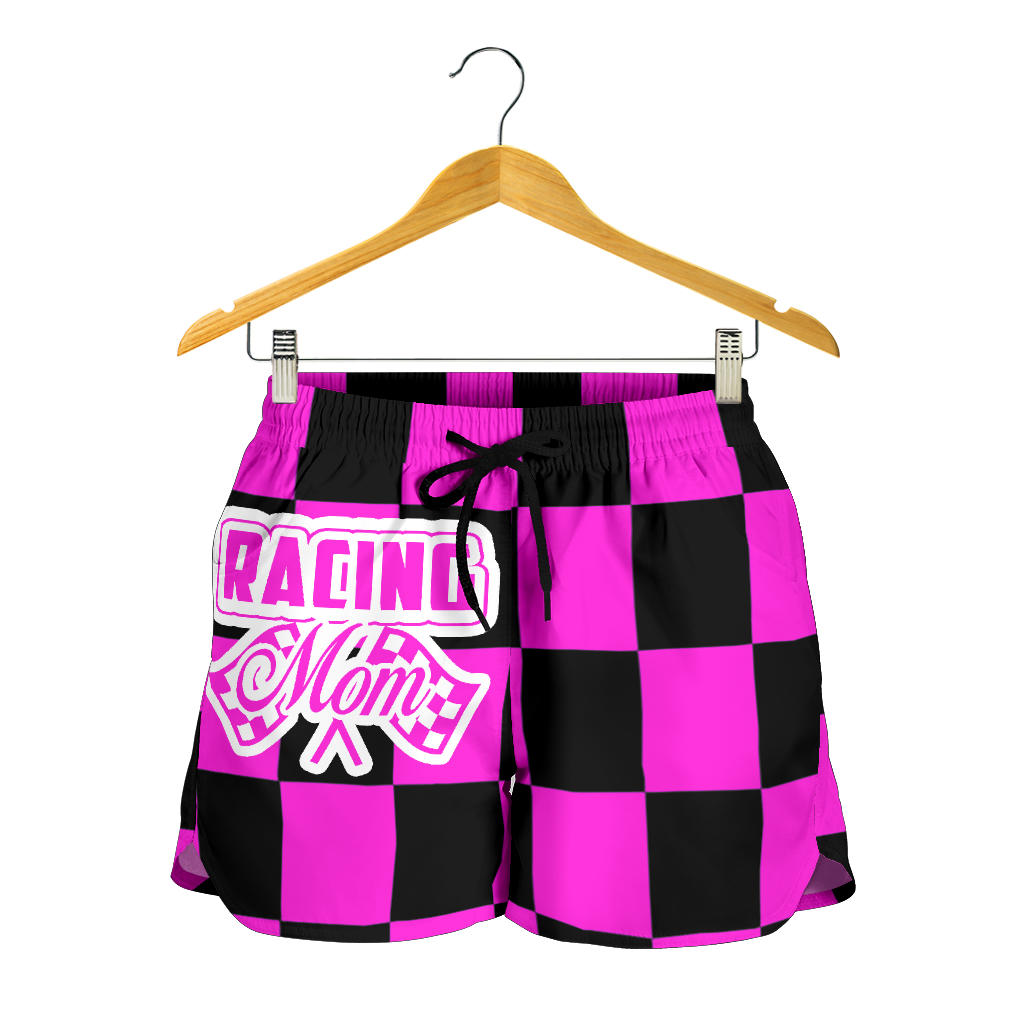 Racing Mom Checkered Shorts featuring a classic black and white racing checkerboard pattern, an elastic waistband, and a comfortable fit.