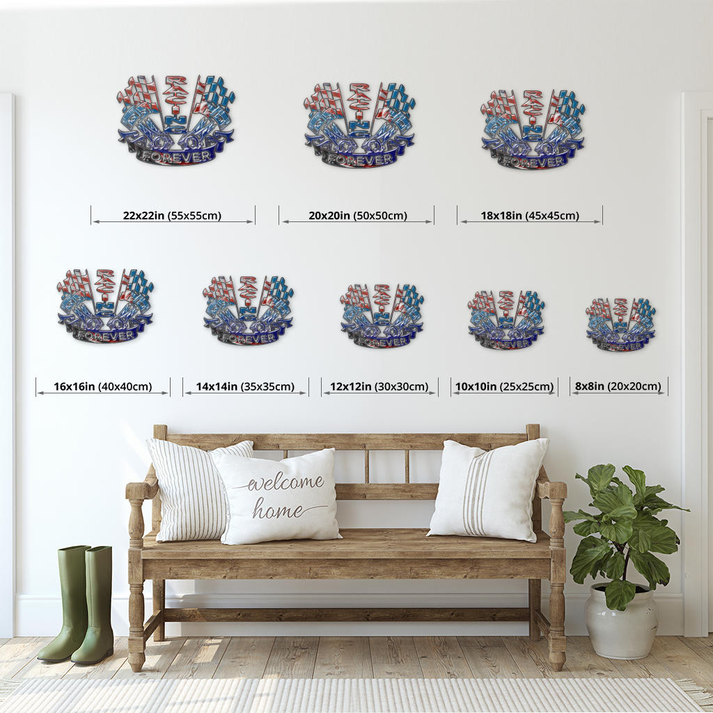 Racing USA metal sign size comparison showing eight options from 8 × 8 to 22 × 22 inches.⠋
