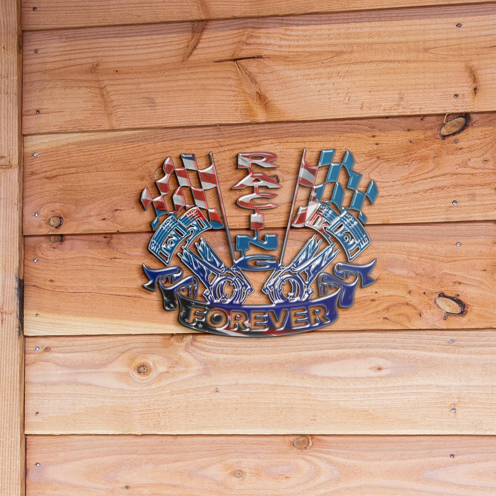 Racing USA metal sign with piston and flag artwork displayed against natural wood planks.