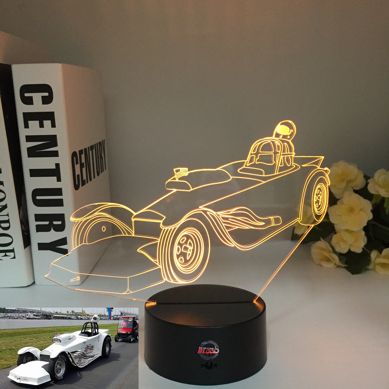 Roadster 3D LED Illusion Lamp showing a sleek open-top sports car silhouette in a vibrant green glow on a premium black base.