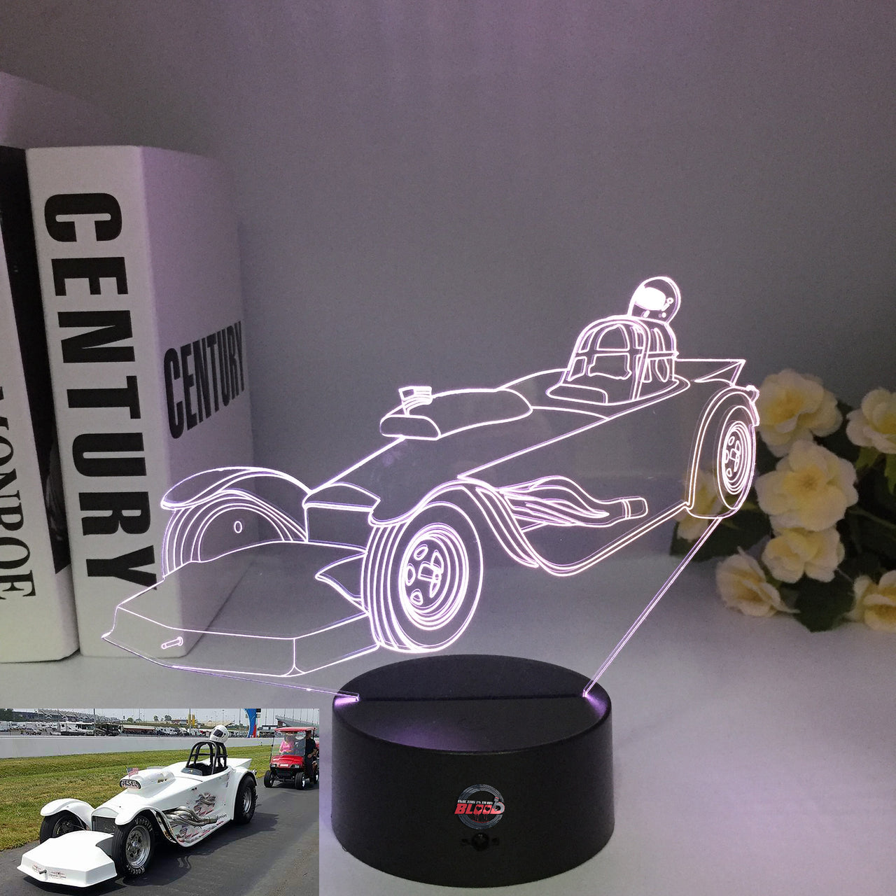 Roadster 3D LED Illusion Lamp showing a sleek open-top sports car silhouette in a vibrant green glow on a premium black base.