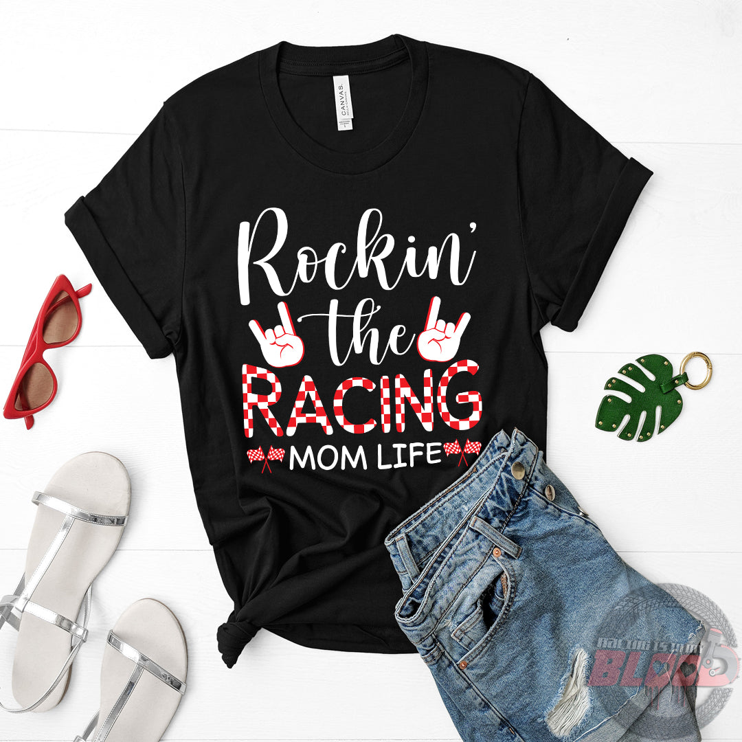 "Rockin' The Racing Mom Life" apparel collection featuring premium Bella V-necks, durable Gildan cotton t-shirts, and ultra-soft Next Level triblend shirts for motorsports fans.