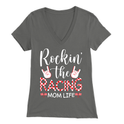 "Rockin' The Racing Mom Life" apparel collection featuring premium Bella V-necks, durable Gildan cotton t-shirts, and ultra-soft Next Level triblend shirts for motorsports fans.