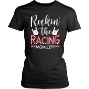 "Rockin' The Racing Mom Life" apparel collection featuring premium Bella V-necks, durable Gildan cotton t-shirts, and ultra-soft Next Level triblend shirts for motorsports fans.