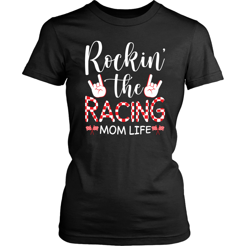 "Rockin' The Racing Mom Life" apparel collection featuring premium Bella V-necks, durable Gildan cotton t-shirts, and ultra-soft Next Level triblend shirts for motorsports fans.