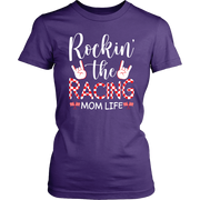 "Rockin' The Racing Mom Life" apparel collection featuring premium Bella V-necks, durable Gildan cotton t-shirts, and ultra-soft Next Level triblend shirts for motorsports fans.