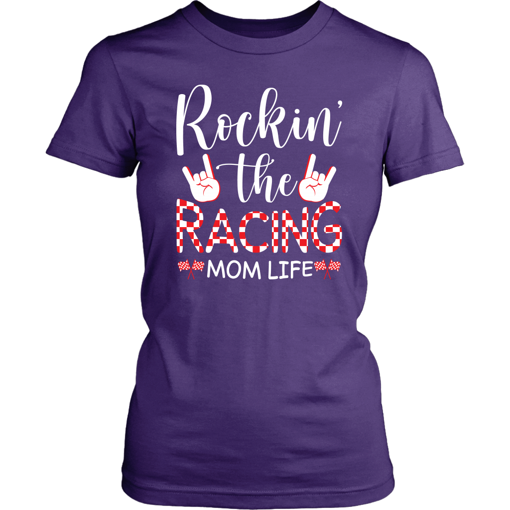 "Rockin' The Racing Mom Life" apparel collection featuring premium Bella V-necks, durable Gildan cotton t-shirts, and ultra-soft Next Level triblend shirts for motorsports fans.