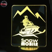 Snowmobile 3D LED Lamp featuring a detailed modern sled silhouette glowing in a vibrant icy white on a premium black base.