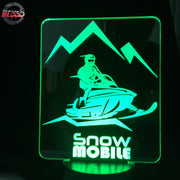 Snowmobile 3D LED Lamp featuring a detailed modern sled silhouette glowing in a vibrant icy white on a premium black base.