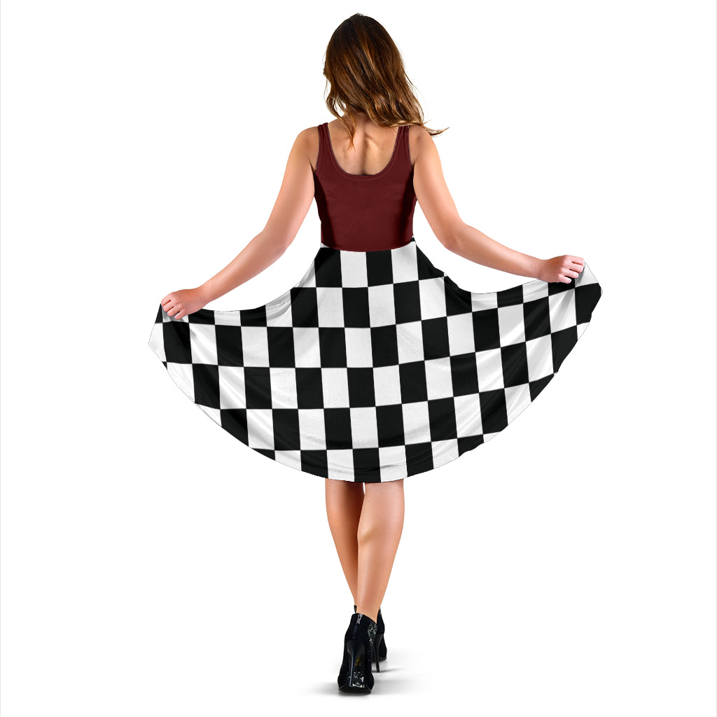 Sophisticated mixed maroon checkered flag racing dress, ultra-soft velvet-blend midi dress with functional pockets.
