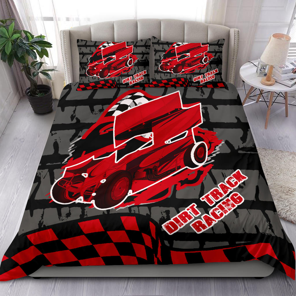 Sprint Car Racing Bedding Set featuring a high-definition dirt track racing print on a soft brushed polyester duvet cover for motorsports enthusiasts.