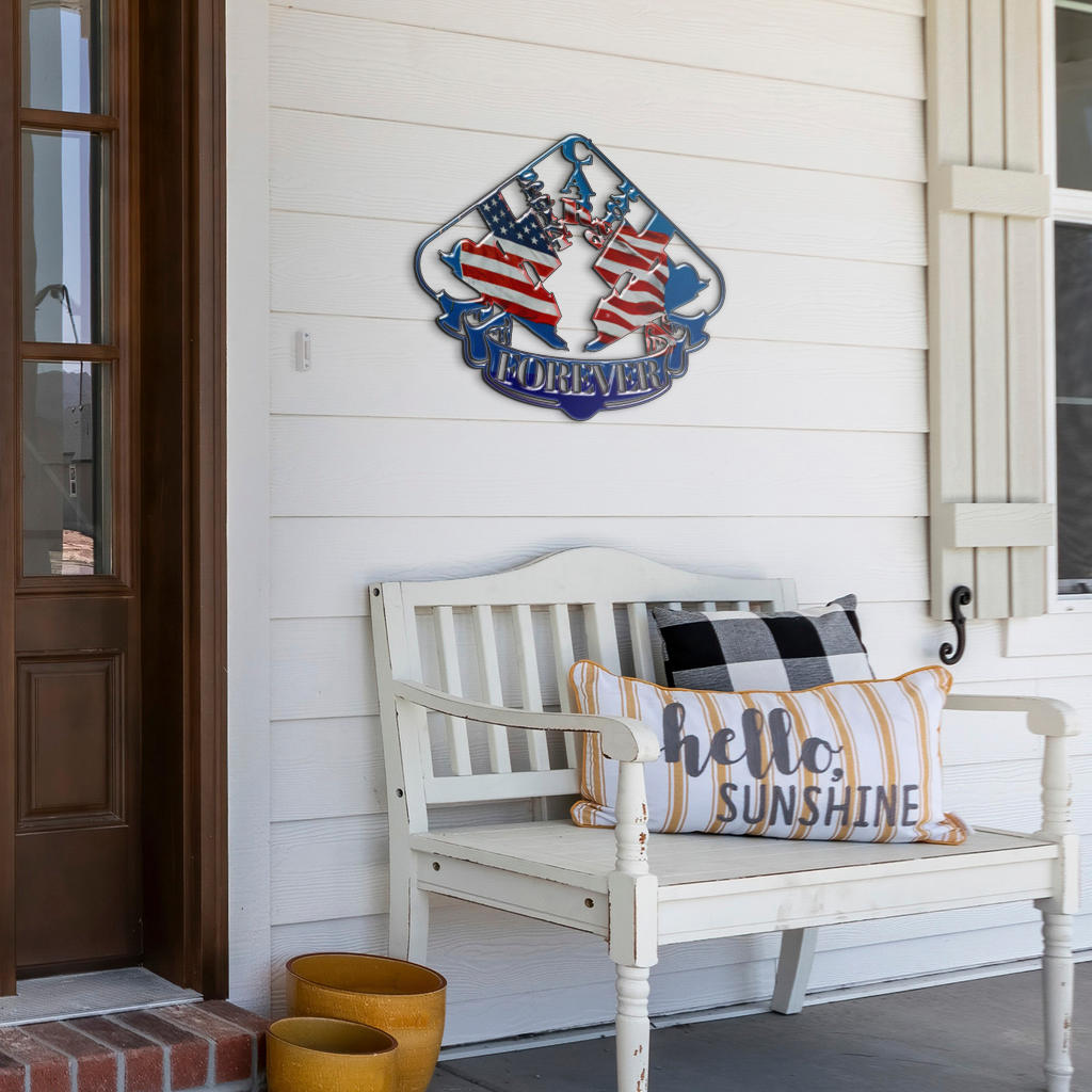 Sprint Car Racing Forever USA sign displayed above a white porch bench with decorative pillows.