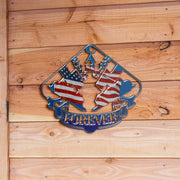 Sprint Car Racing Forever metal sign with red, white and blue car silhouettes against natural wood planks.