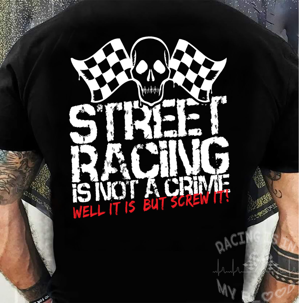 "Street Racing Is Not A Crime Well It Is But Screw It" apparel collection featuring premium men's and women's v-necks, lightweight tanks, and cozy fleece hoodies for car enthusiasts.