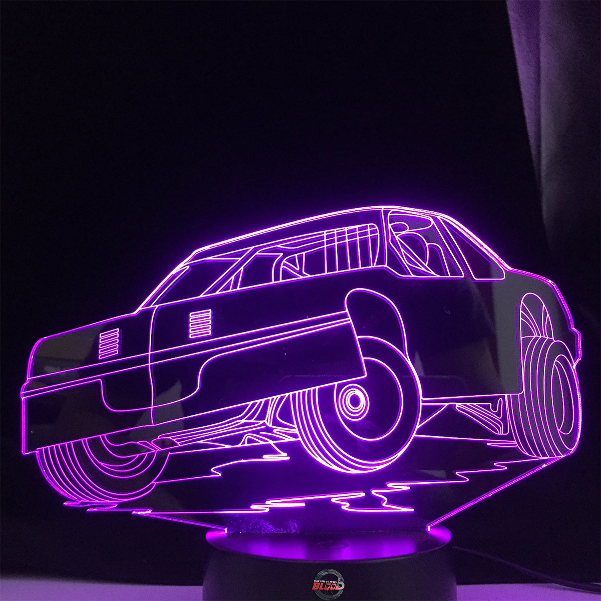 Street Stock 3D LED Lamp featuring a classic stock car silhouette glowing in a bright, race-ready green on a modern black base.