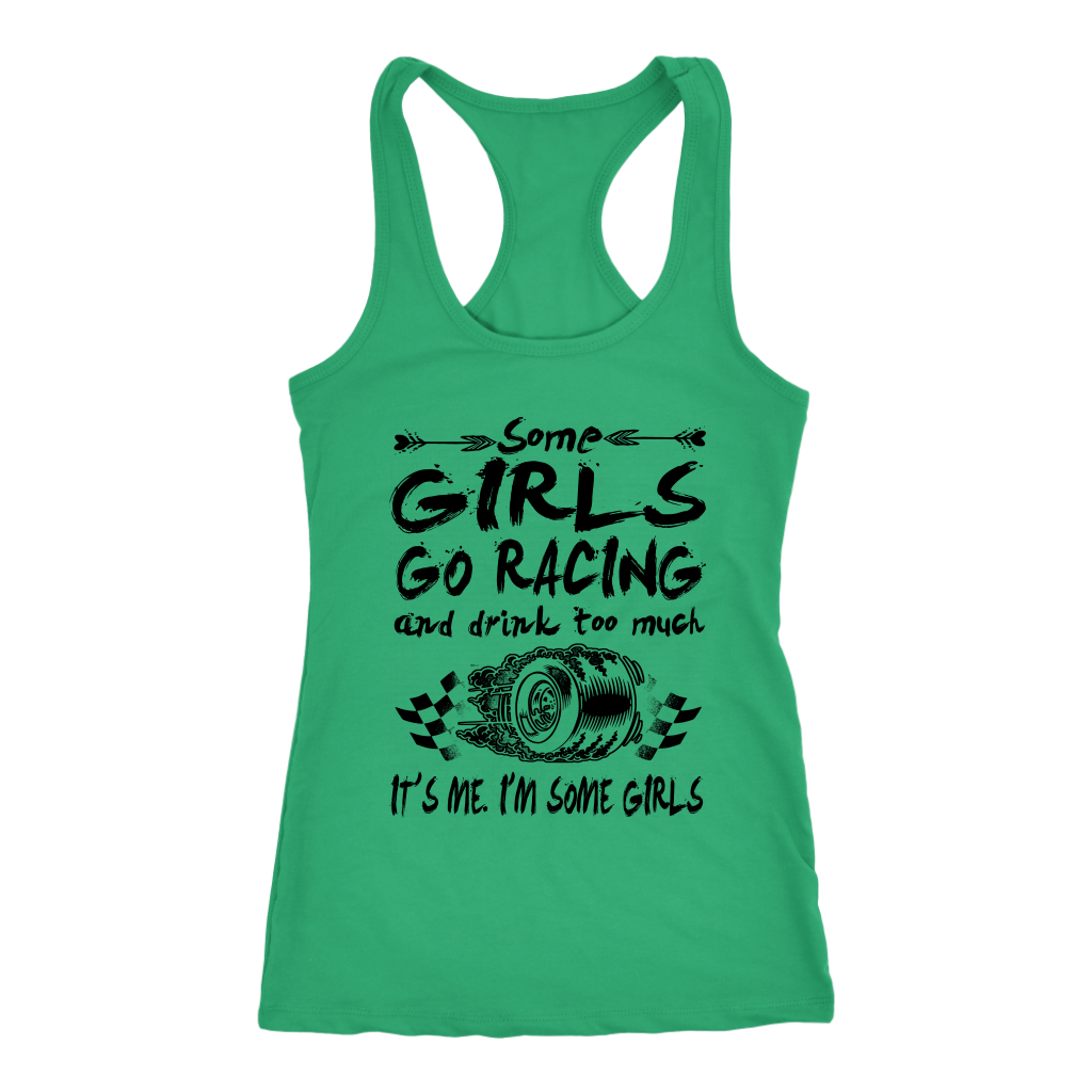 Stylish women's racing tank top and v-neck shirt featuring the phrase "Some Girls Go Racing," available in high-quality cotton and lightweight racerback jersey styles.