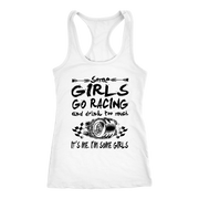 Stylish women's racing tank top and v-neck shirt featuring the phrase "Some Girls Go Racing," available in high-quality cotton and lightweight racerback jersey styles.