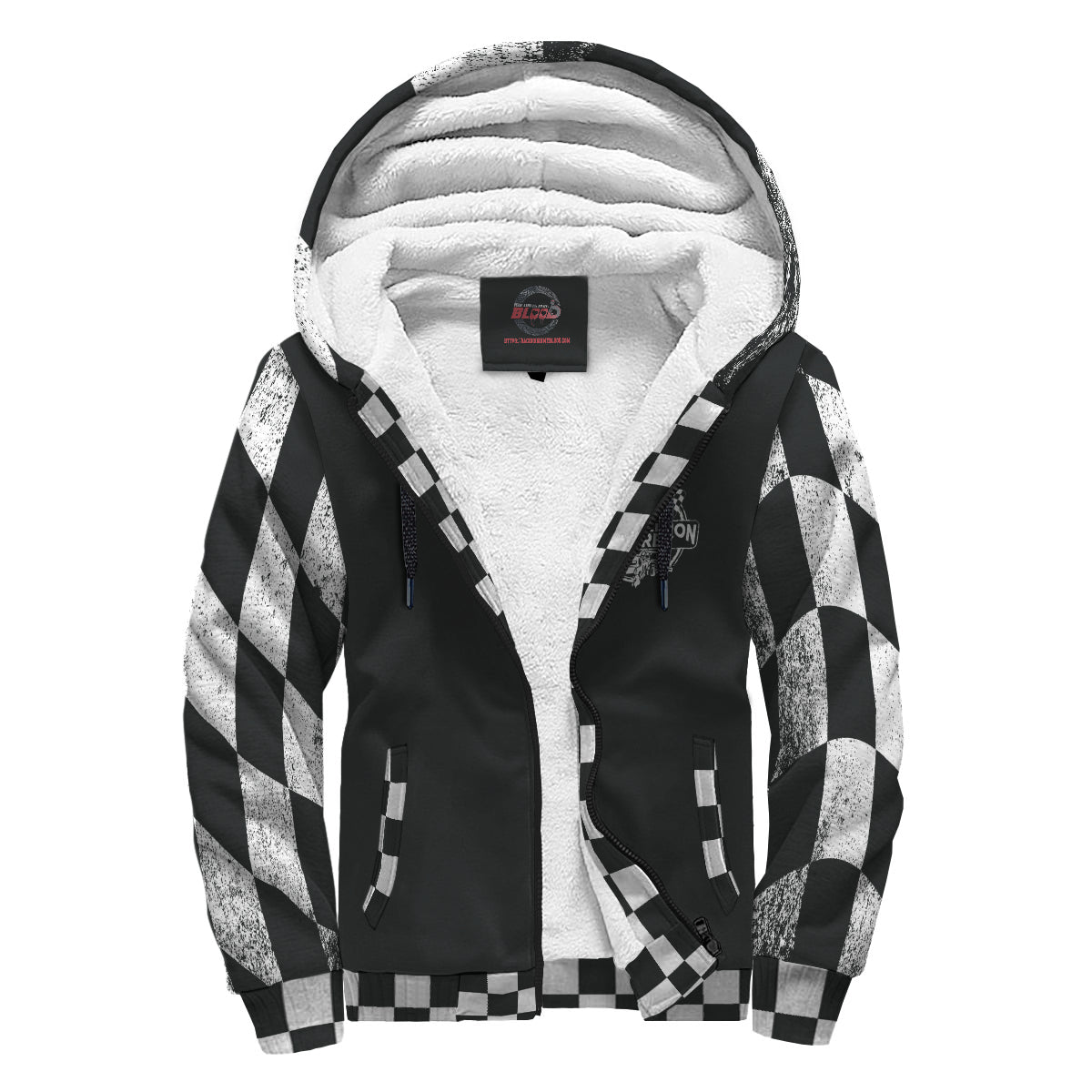 Talk Derby To Me custom printed sherpa-lined zip-up hoodie featuring a front zipper, drawstring hood, and two side pockets, designed for demolition derby fans.