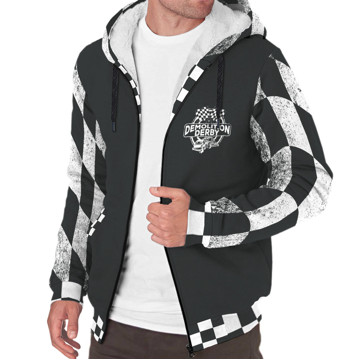 Talk Derby To Me custom printed sherpa-lined zip-up hoodie featuring a front zipper, drawstring hood, and two side pockets, designed for demolition derby fans.