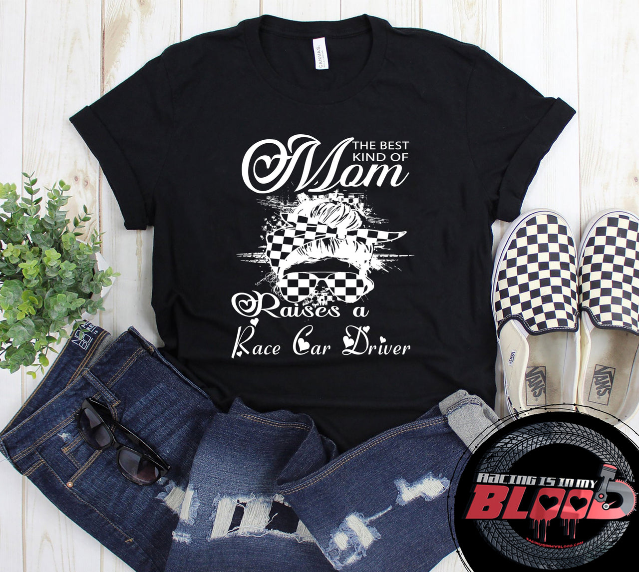 "The Best Kind Of Mom Raises A Race Car Driver" apparel collection featuring premium women's t-shirts, lightweight racerback tanks, and cozy fleece hoodies for racing families.