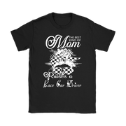 "The Best Kind Of Mom Raises A Race Car Driver" apparel collection featuring premium women's t-shirts, lightweight racerback tanks, and cozy fleece hoodies for racing families.